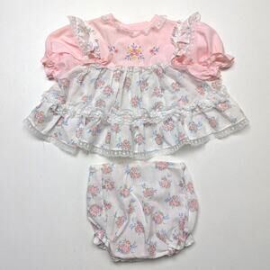 Vintage Cradle Togs Outfit Baby Girls Size 6-9m Pink Floral Bloomers